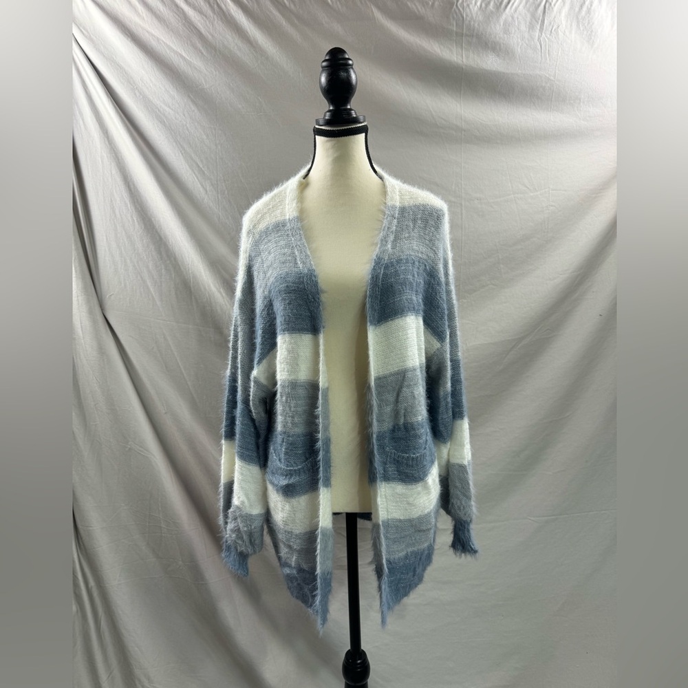 Blue Drop Shoulder Open Front Fluffy Knit Cardigan - Picture 7 of 9